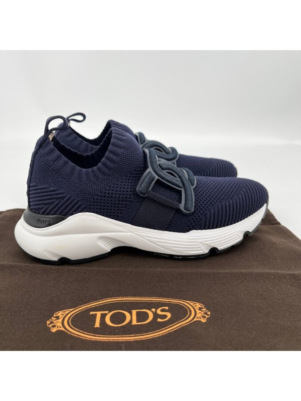 Tods Sport Run 54C Slip On Sneakers Womens Size 6 EU 36 Blue Knit Chain Luxury